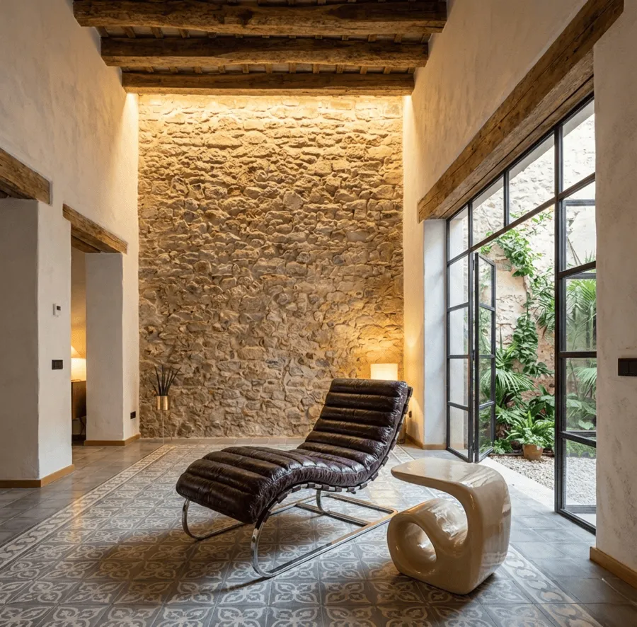 tecnicas-tradicionales-construccion-interiorismo-contemporaneo-sala-piedra-madera